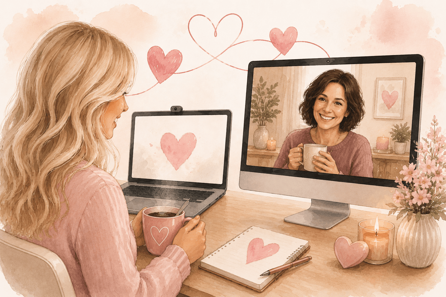 💗 Illustratie van twee vrouwen in een warm online gesprek tijdens Van Hart tot Hart met Maaike
