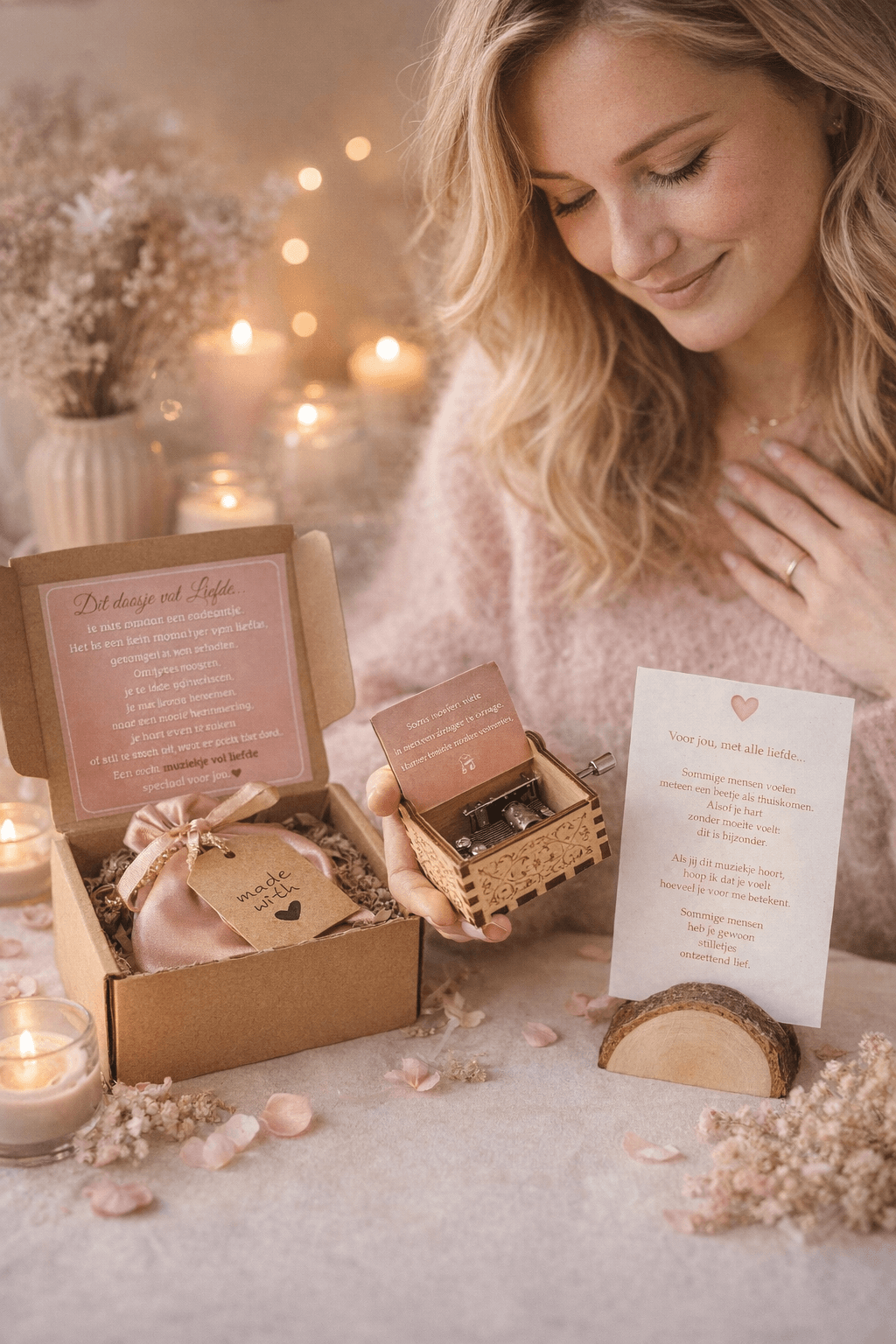 blonde vrouw die een Muziekje vol LIefde uitpakt, een liefdevol cadeau vol betekenis