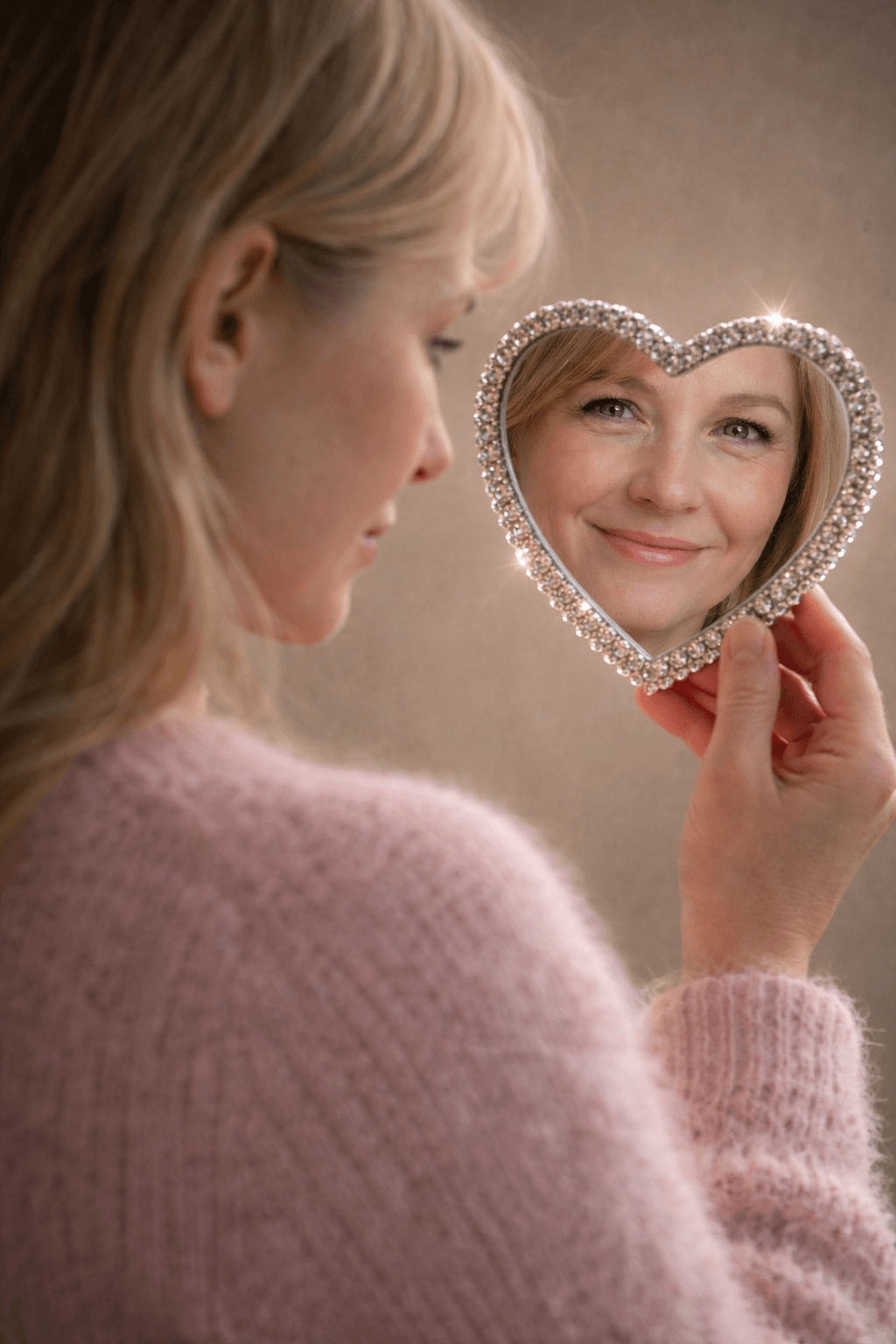 vrouw kijkt liefdevol naar zichzelf in hartenspiegeltje