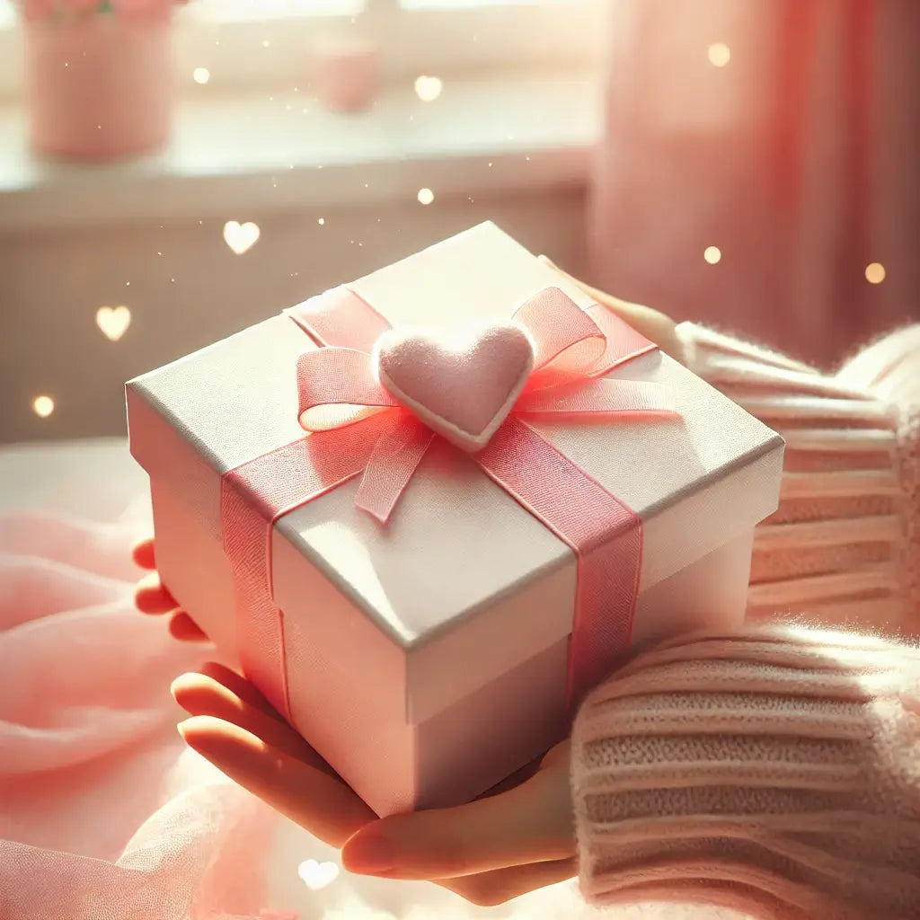 Sfeerfoto van een warm cadeautje in zachte rozetinten.