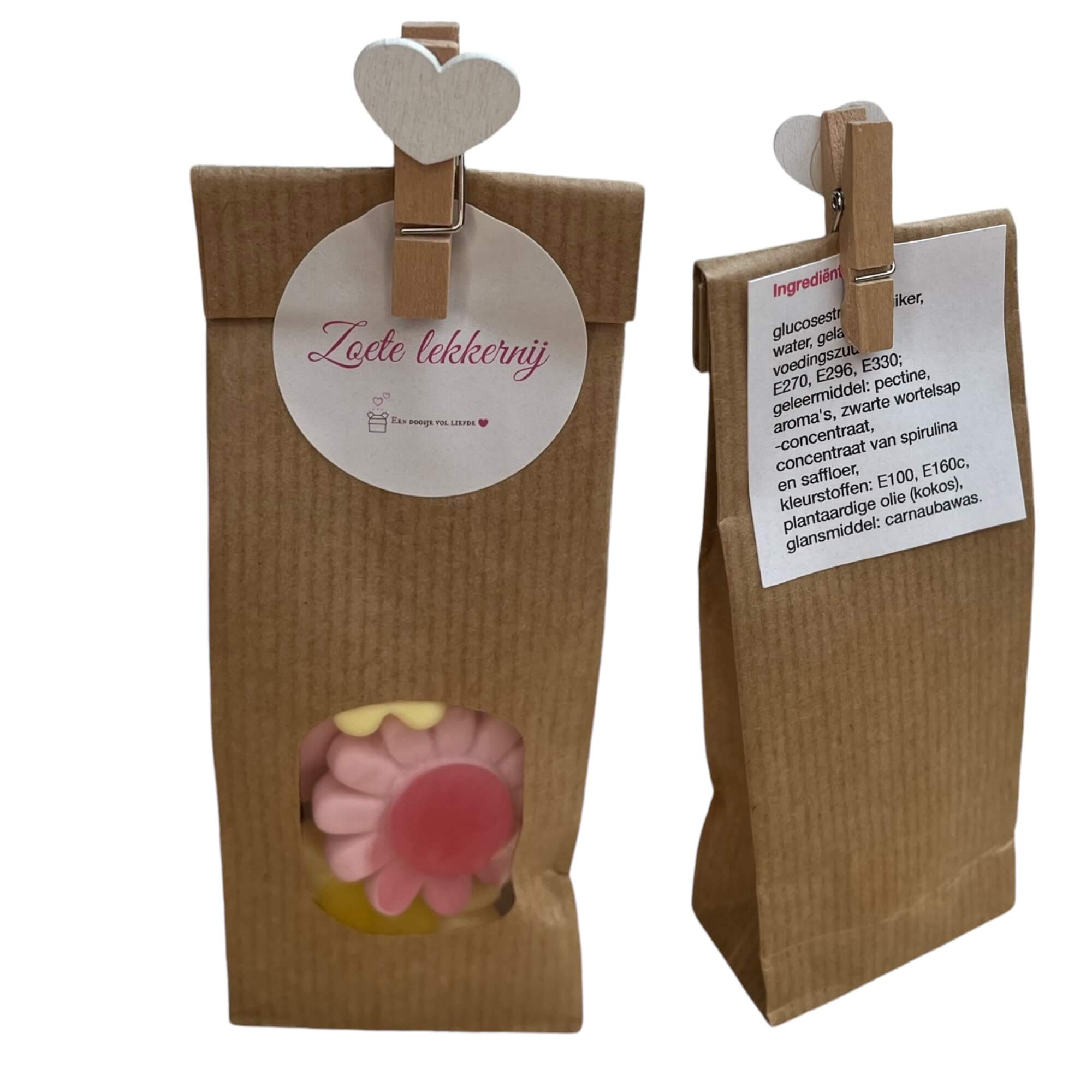 Bloemensnoepjes, in zakje met hartendetails.