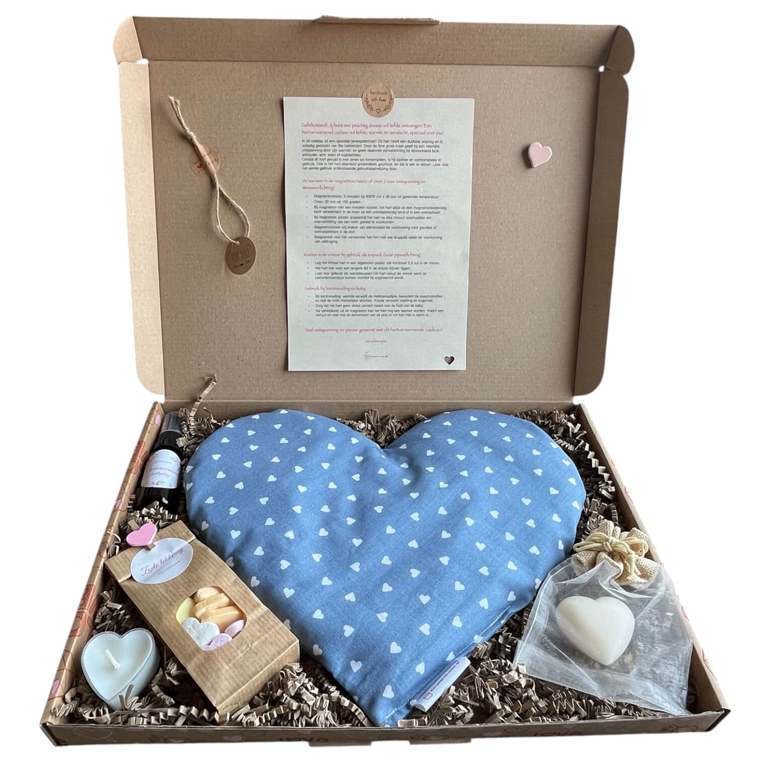 Handgemaakt verwarmbaar hart Dromerig Blauw, rustgevend brievenbuscadeau in blauwtint.