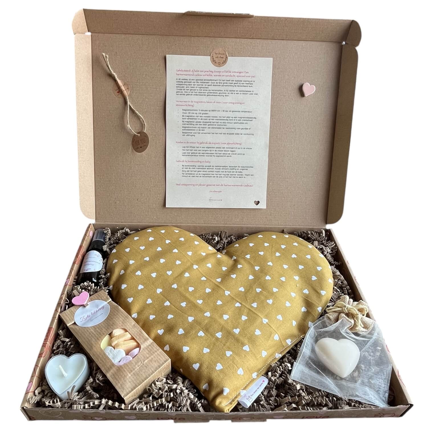 Handgemaakt verwarmbaar hart Gouden Zon, vrolijk brievenbuscadeau in warme geeltint.