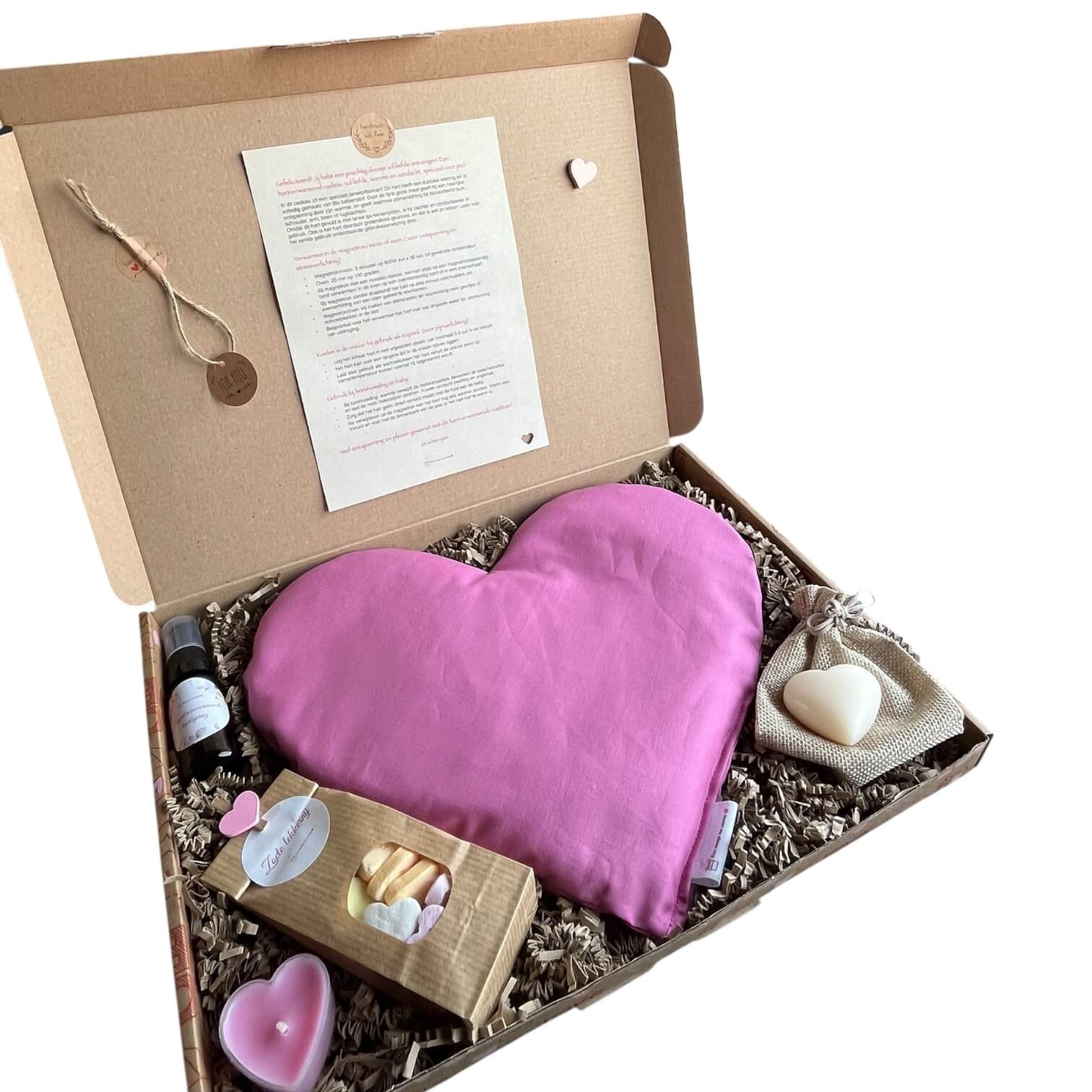 Handgemaakt verwarmbaar hart Lief Roze, zacht brievenbuscadeau; lief gebaar per post