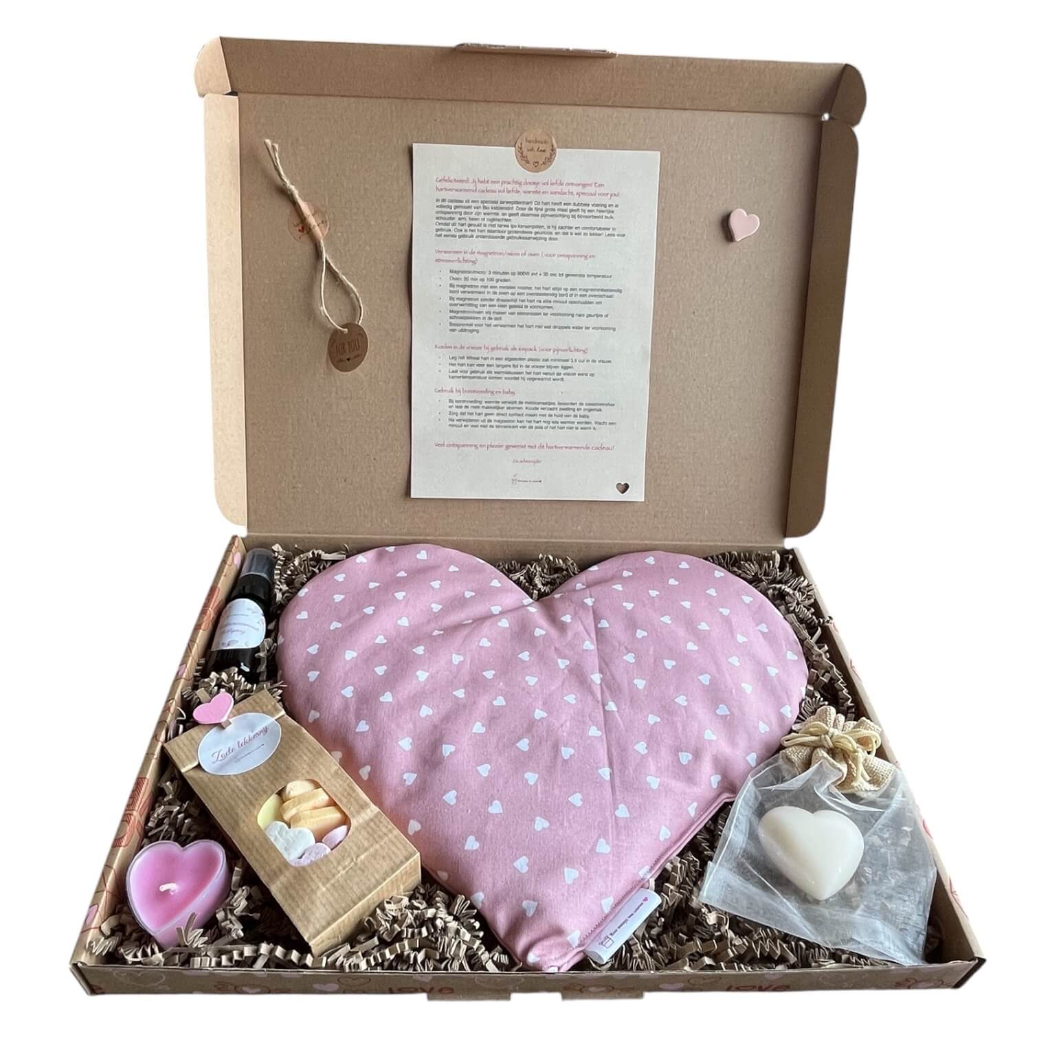 Handgemaakt verwarmbaar hart Roze Geluk, liefdevol brievenbuscadeau in zachte rozetint.