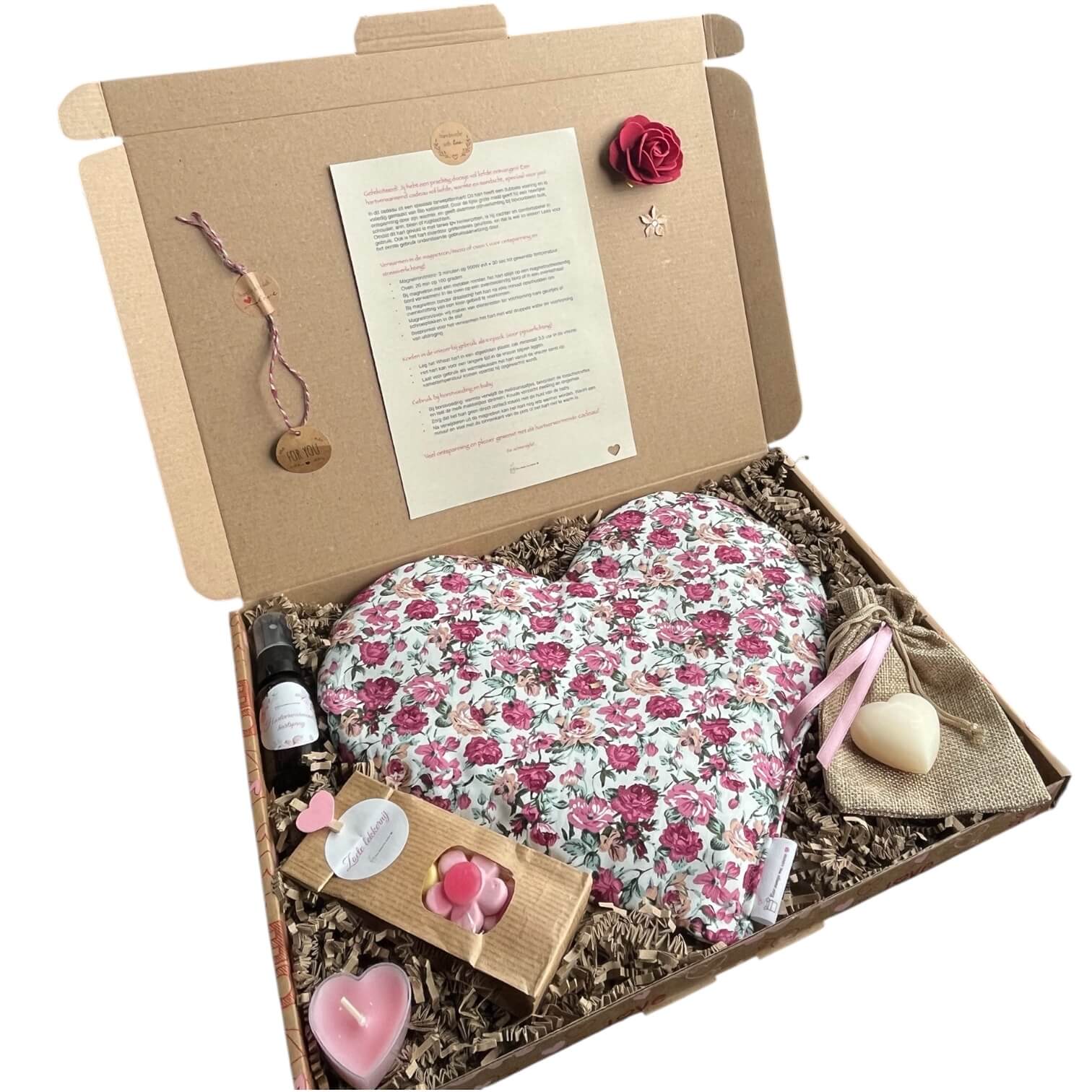 liedevol brievenbuscadeau met verwarmbaar hart met rozenmotief