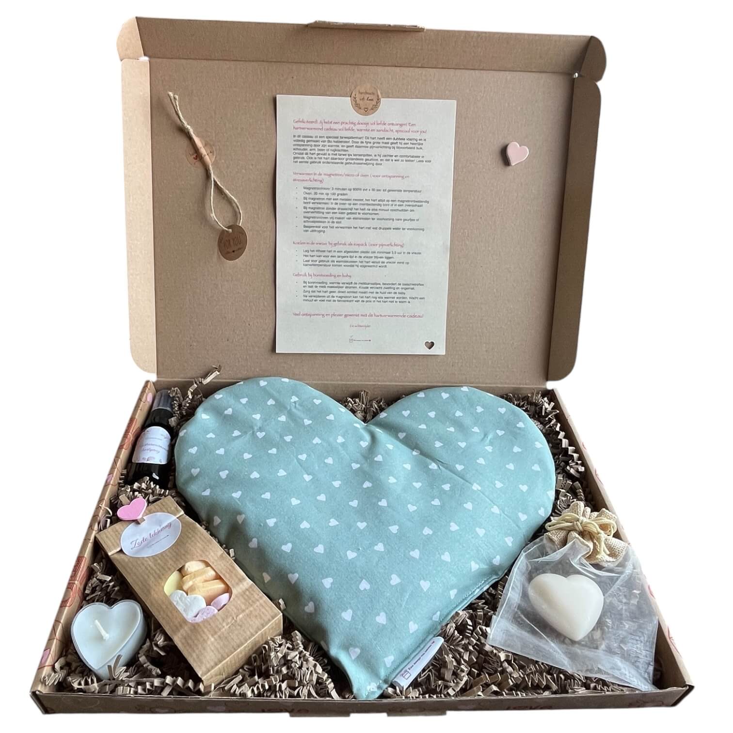 Handgemaakt verwarmbaar hart Vrolijk Groen, fris brievenbuscadeau dat opvrolijkt